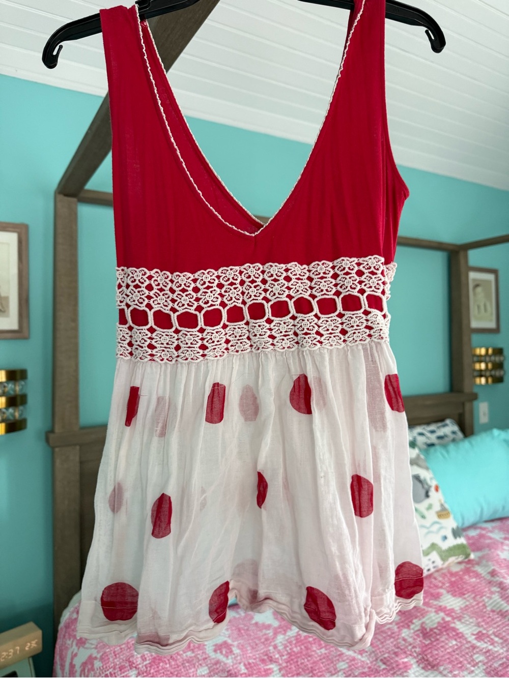 Free People Red and White Crochet-Trim Tank